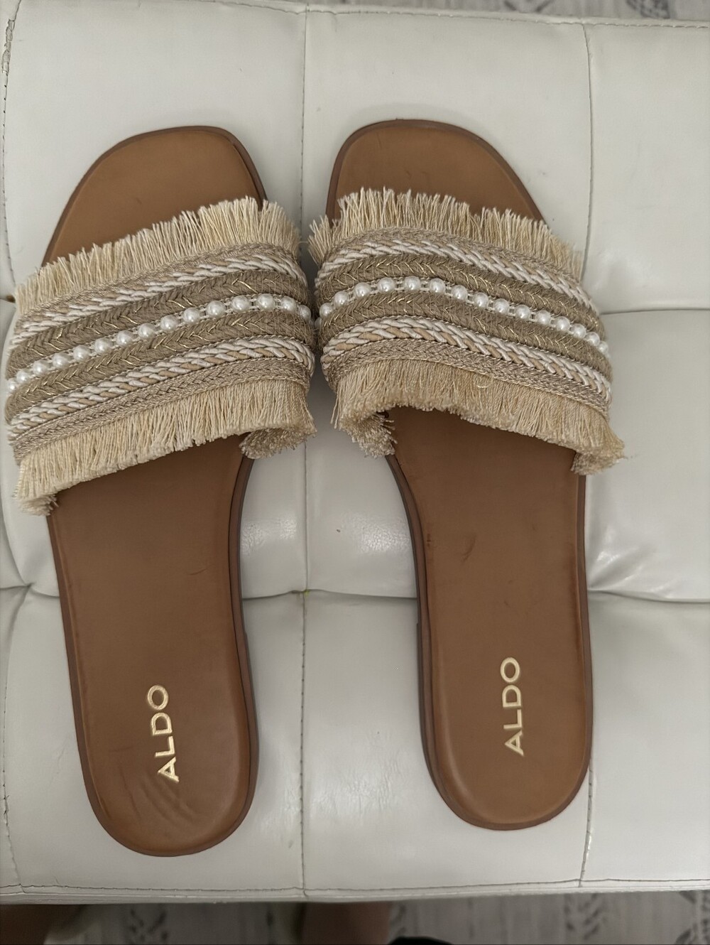 ALDO Beige Fringe Slide Sandals with Pearl Trim
